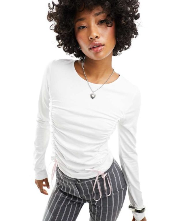 ASOS DESIGN Womens ruched baby tee with ribbon bows in white - Size X-Small