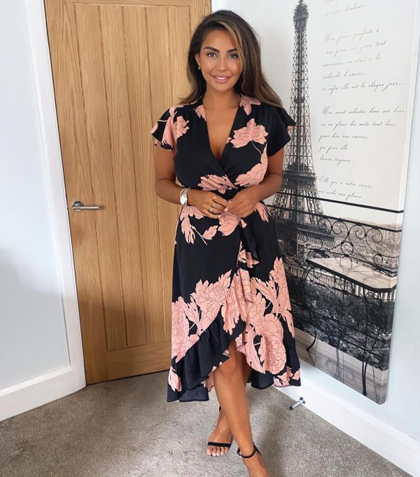 Women's Black Floral Ruffle Midi Wrap Dress AX Paris New Look