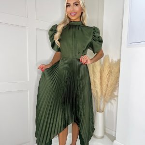 Women's Khaki Pleated Dip Hem Midi Dress AX Paris New Look