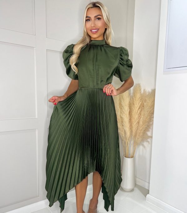 Women's Khaki Pleated Dip Hem Midi Dress AX Paris New Look