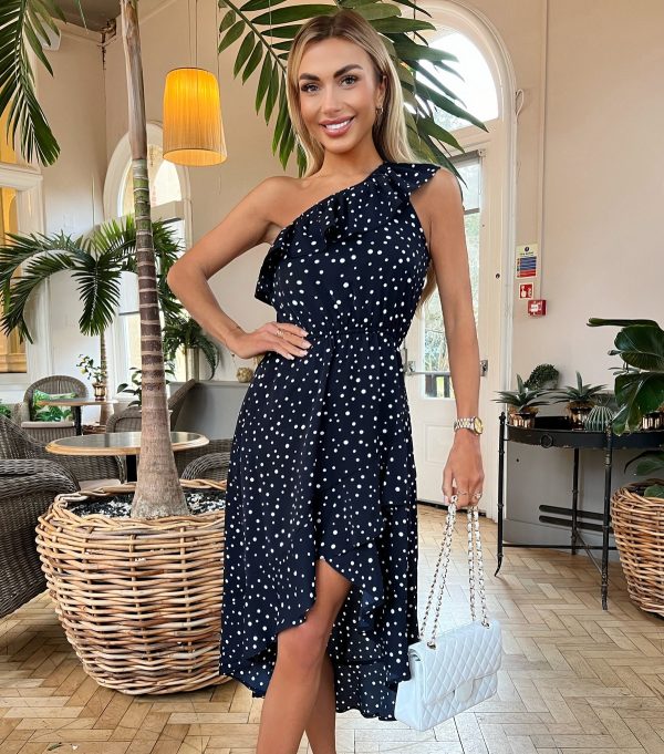 Women's Navy Spot One Shoulder Midi Dress AX Paris New Look