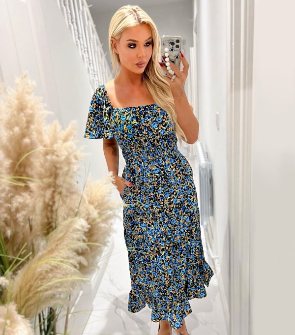 Women's Blue Ditsy Floral Smock Midi Dress AX Paris New Look
