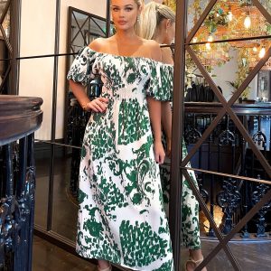 Women's Green Abstract Print Bardot Midi Dress AX Paris New Look