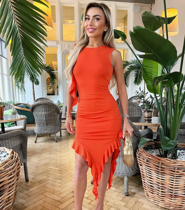 Women's Orange Ruched Frill Midi Dress AX Paris New Look