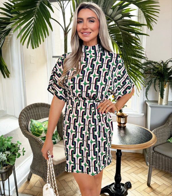 Women's Green Geometric Print High Neck Mini Dress AX Paris New Look