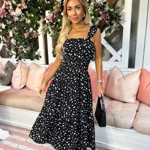 Women's Black Speckle Print Tiered Midi Dress AX Paris New Look