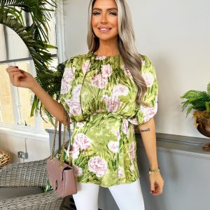 Women's Green Floral Satin Batwing Top AX Paris New Look