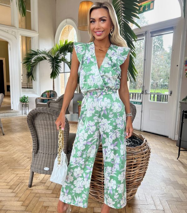 Women's Green Floral Belted Jumpsuit AX Paris New Look