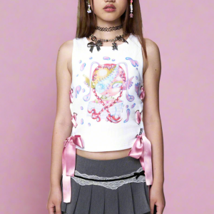 Minga London x Ema Gaspar Bunny Lace Up Vest Top Colour: White Size: L