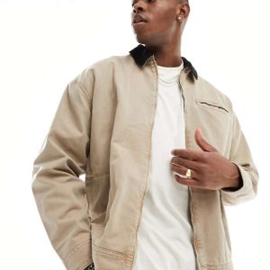 ASOS DESIGN Mens oversized harrington jacket in washed stone-Neutral - Size 2XS