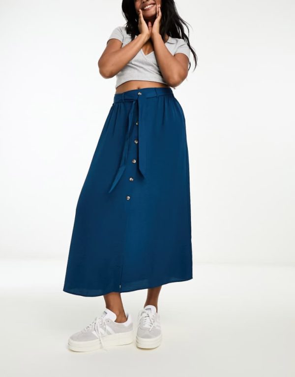 ASOS DESIGN Womens button through midi skirt with tie waist in navy-Blue - Size 4 UK