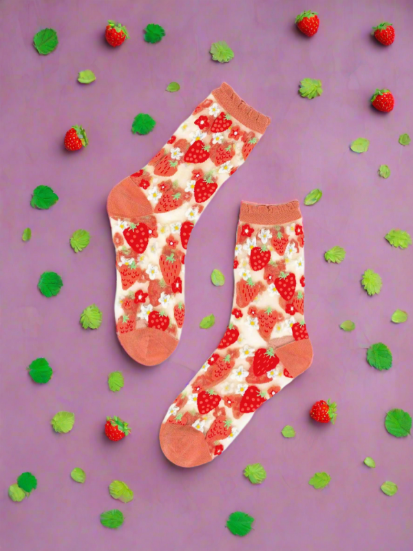 Sock Candy Strawberry Daisy Ruffle Sheer Crew Sock as seen on Chrissy Teigen Size: One Size Colour: Multi
