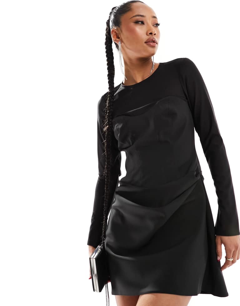 ASOS DESIGN Womens corset detail mini dress with mesh sleeves in black - Size 4 UK