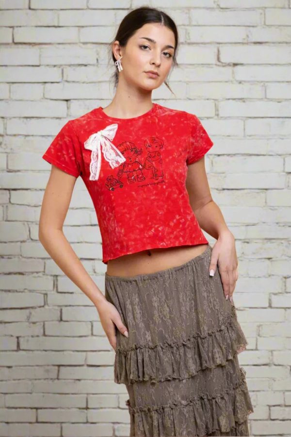 Daisy Street Youth Snow Washed Baby Tee Colour: Red Size: 12