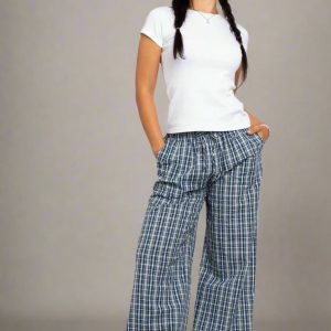Daisy Street Check Wide Leg Trouser with Drawcord Waist Colour: Blue Size: UK 8