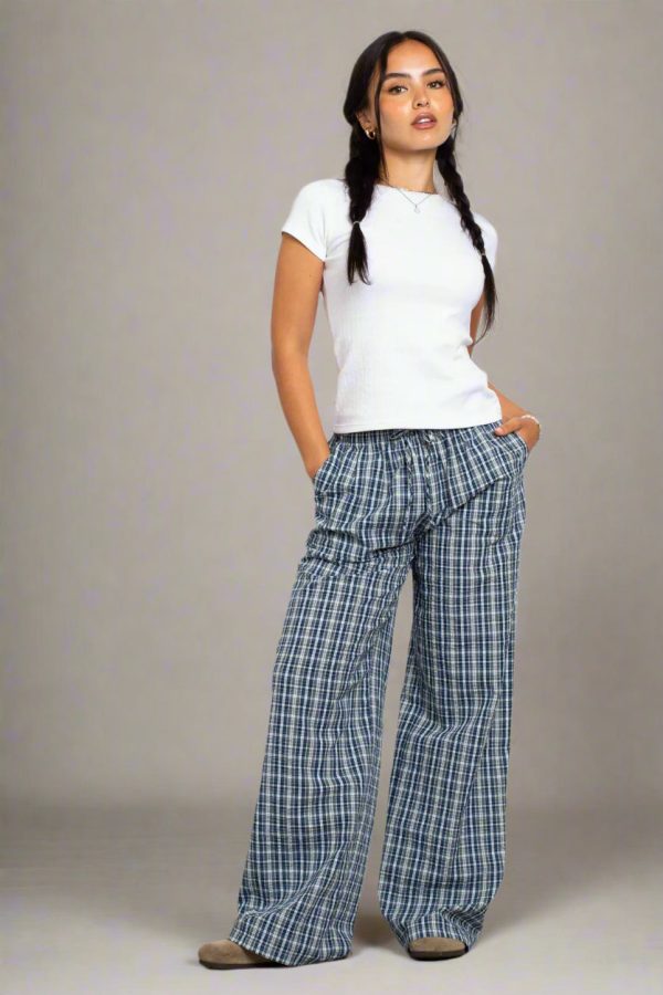 Daisy Street Check Wide Leg Trouser with Drawcord Waist Colour: Blue Size: UK 8
