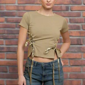 Daisy Street Lace Up Detail Baby Tee Colour: Sage Size: 14