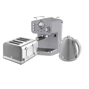 Retro 4 Slice Toaster, Cordless Kettle and Coffee Machine Bundle in Grey