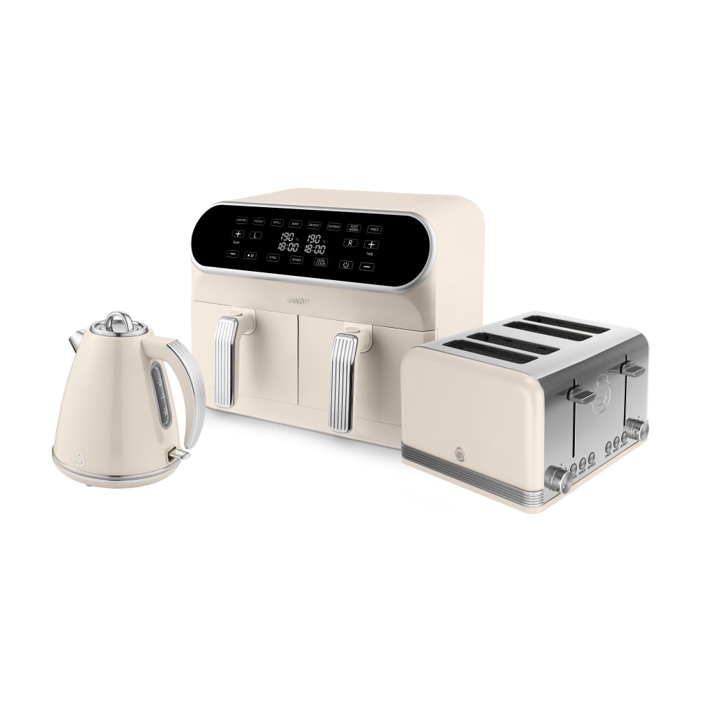 Retro 4 Slice Toaster, Cordless Kettle and Dual Air Fryer Bundle in Cream