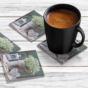 4 x Acrylic Coaster in Flowers, Bucket and Lantern