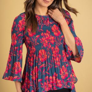 Klass Floral Print Pleated Dip Hem Top Blue/Pink Women's