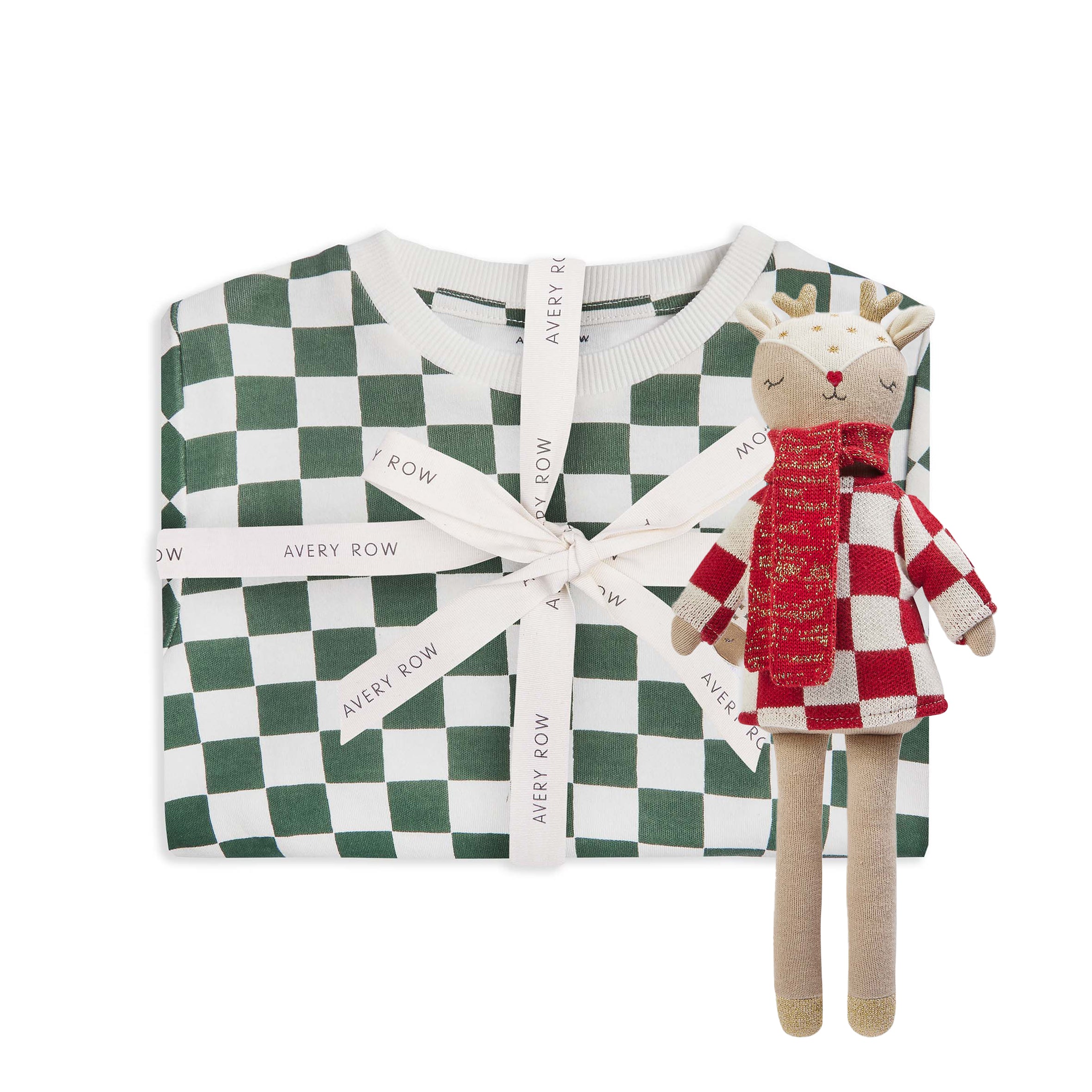 Green Checkerboard Pyjamas & Reindeer Knitted Toddler Toy Bundle - 2-7y