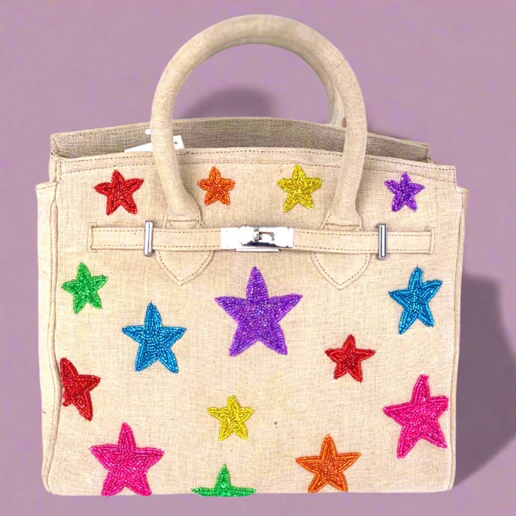 Handmade Beaded Stars Canvas Bag Colour: Multi