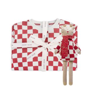 Red Checkerboard Pyjamas & Reindeer Knitted Toddler Toy Bundle - 2-7s