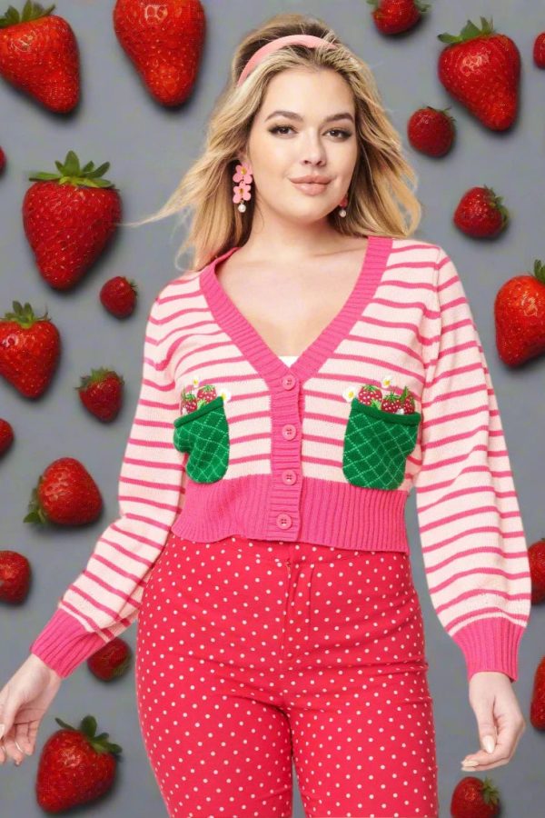 Smak Parlour 1960s Pink Stripes & Strawberry Pocket Cardigan Colour: Pink Size: XS/S