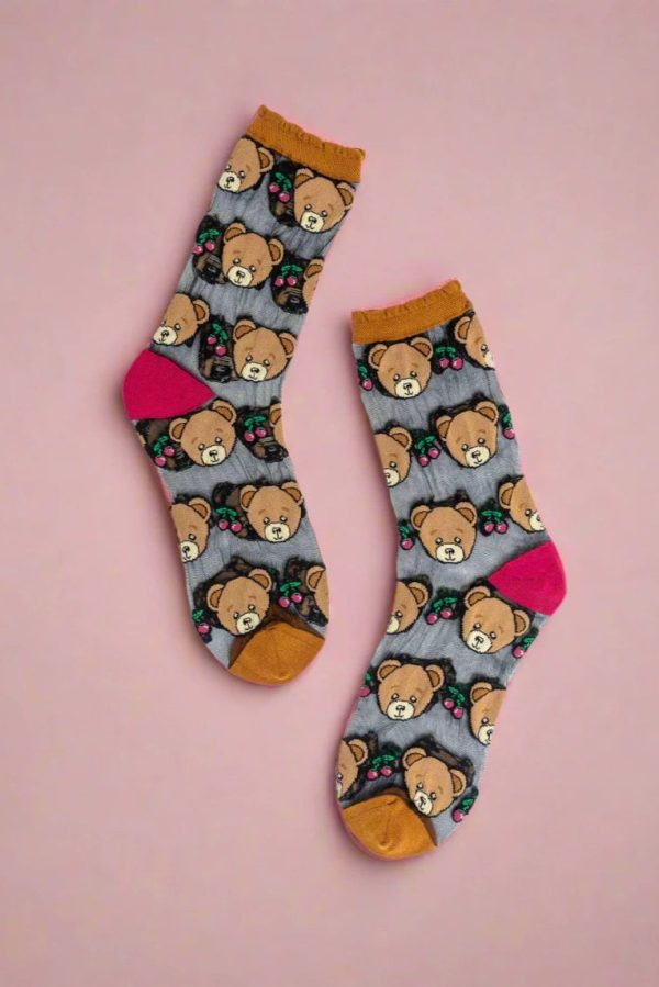 Sock Candy Teddy Bear Ruffle Black Sheer Crew Sock Size: One Size Colour: Multi