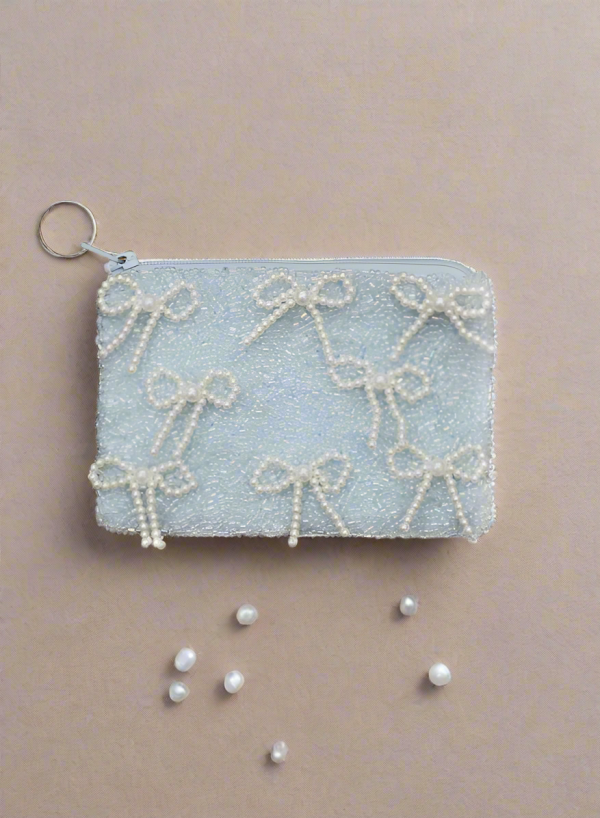 Tiana Designs Hand Beaded Pearl Bows Coin Purse Colour: Blue