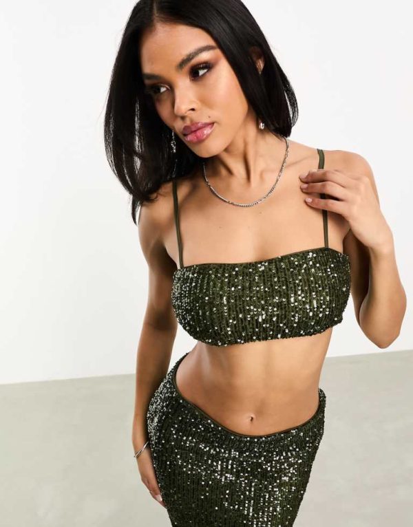 ASOS DESIGN Womens co-ord sequin strappy bandeau top in green - Size 6 UK