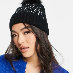 ASOS DESIGN Womens beanie with diamante detailing and faux fur pom in black - One Size