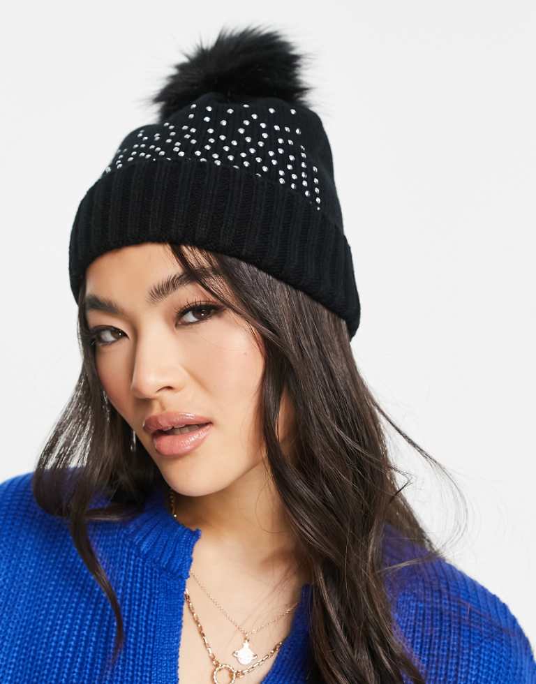 ASOS DESIGN Womens beanie with diamante detailing and faux fur pom in black - One Size