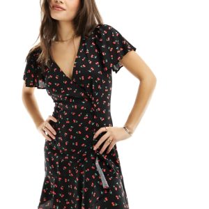 ASOS DESIGN Womens wrap mini tea dress with buttons in cherry print-Multi - Multicolour - Size 4 UK