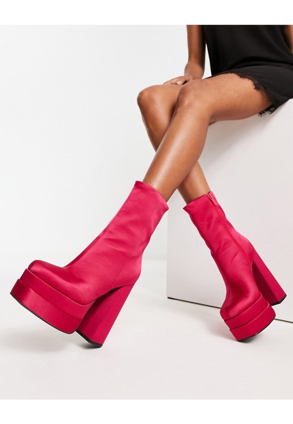 ASOS DESIGN Womens Encore high-heeled platform boots in pink satin - Size UK 5