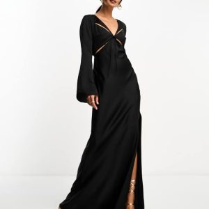 ASOS DESIGN Womens satin flare sleeve cut out maxi dress in black - Size 8 UK