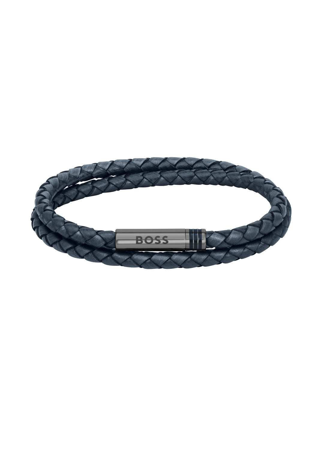 Boss Ares Navy Blue Leather Double Wrap Bracelet with Magnetic Closure - S