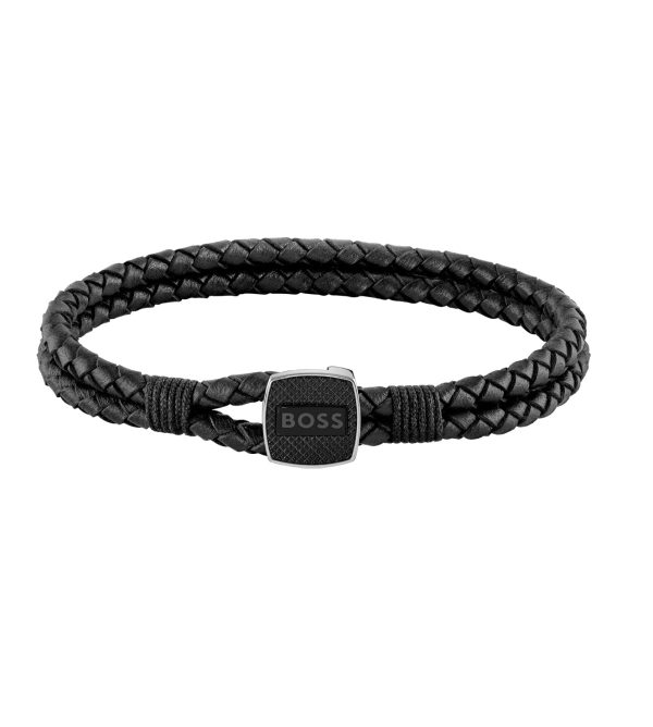 Boss Seal Mens Black Leather Bracelet