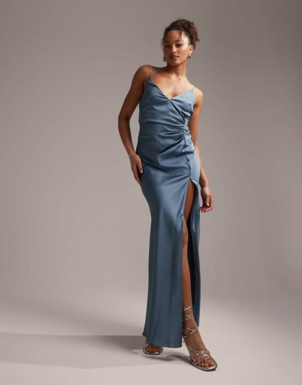 ASOS DESIGN Womens Bridesmaid satin cami maxi dress with drape detail in dusky blue - Grey - Size 12 UK