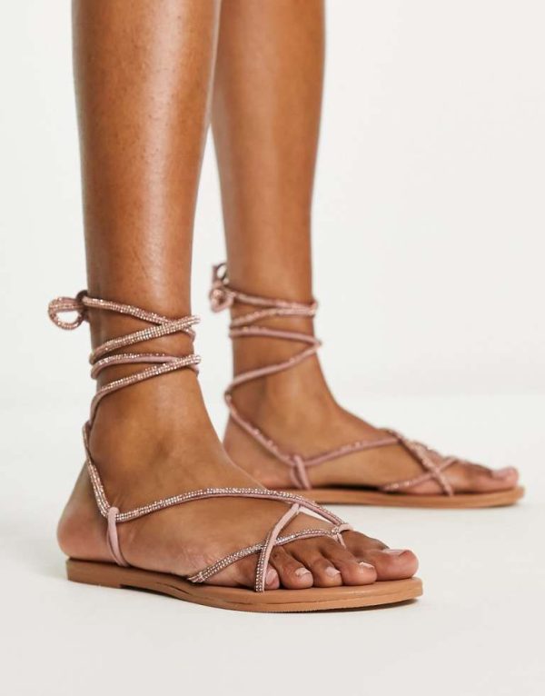 ASOS DESIGN Womens Faye leather embellished flat sandals in rose gold - Pink - Size UK 4