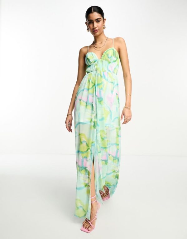 ASOS DESIGN Womens cami mesh maxi dress with sash in blue smudge floral print-Multi - Multicolour - Size 8 UK