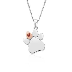 Clogau Paw Prints On My Heart Sterling Silver January Birthstone Garnet Necklace