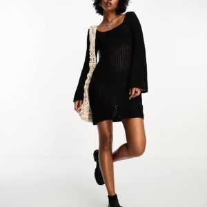 ASOS DESIGN Womens crochet mini dress with flared long sleeves in black - Size 4 UK