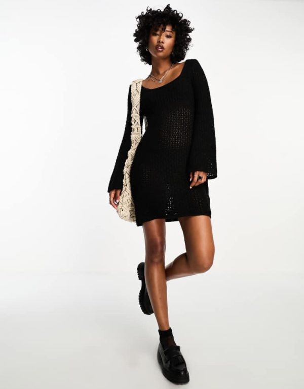 ASOS DESIGN Womens crochet mini dress with flared long sleeves in black - Size 4 UK
