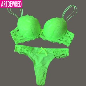 Lace Bra Thong Set Push up Underwear set Women Panties Hollow Lace Intimates Bras and Panty set 34C white