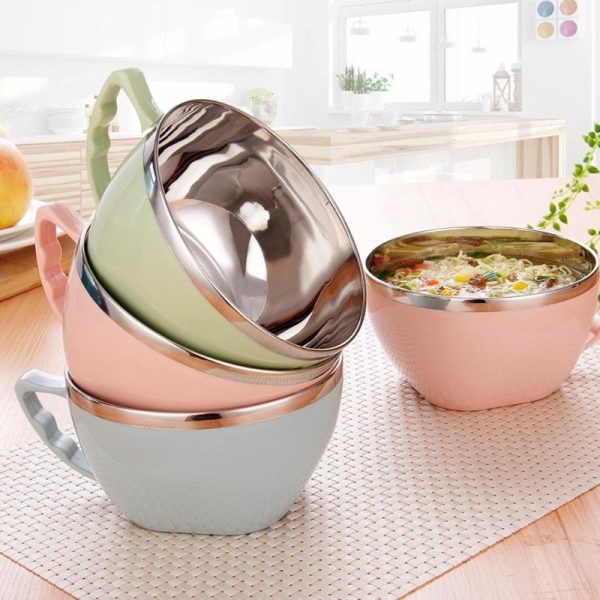 1PC Solid Stainless Steel Noodle Bowl with Handle Food Container Rice Bowl Soup Bowls Instant Noodle green