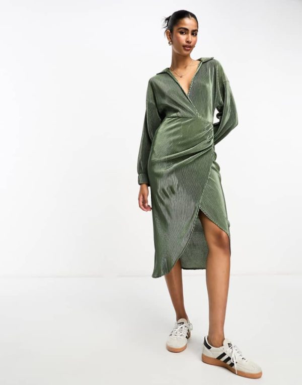 ASOS DESIGN Womens plisse wrap collared midi dress in khaki-Green - Size 4 UK