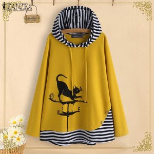 ZANZEA Cute Ladies Cat Printing Hooded Loose Blouse Casual Long Sleeve Striped Pullover Tunic Tops 5XL yellow