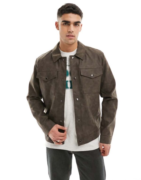 ASOS DESIGN Mens oversized faux leather western jacket in brown-Black - Size 2XS